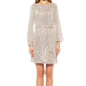 Alexia Admor 'Val' Sequin Long Sleeve Tie-Waist Mini Dress Size Large